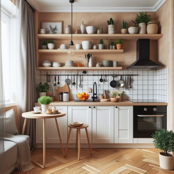Dapur dengan ukuran kecil yang dioptimalkan dengan kitchen set yang stylish dan fungsional.