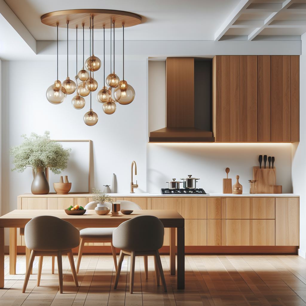 Dapur modern dengan kitchen set kayu minimalis yang terletak di tengah ruangan, dilengkapi dengan latar belakang dinding putih yang bersih dan lampu gantung yang modern.