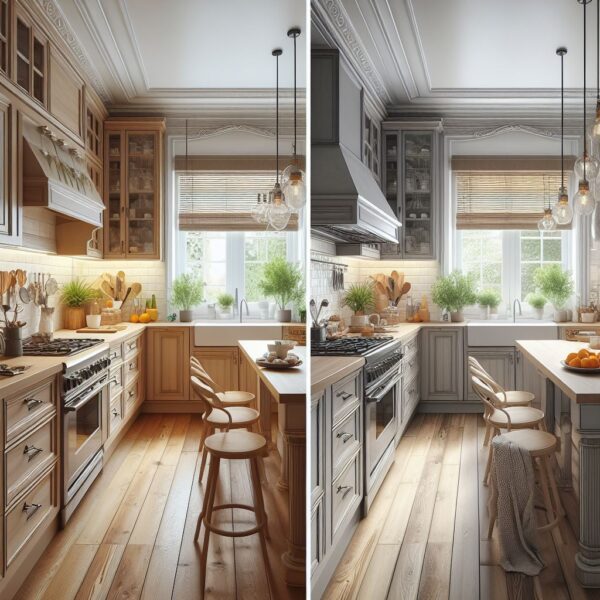 Foto dapur sebelum dan setelah instalasi kitchen set baru. Perbandingan visual yang menunjukkan perubahan dramatis sebelum dan sesudah renovasi.
