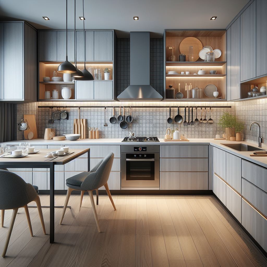 Gambar menampilkan gambar close-up dari setiap komponen utama kitchen set, seperti kabinet, countertop, sink, dan hardware.