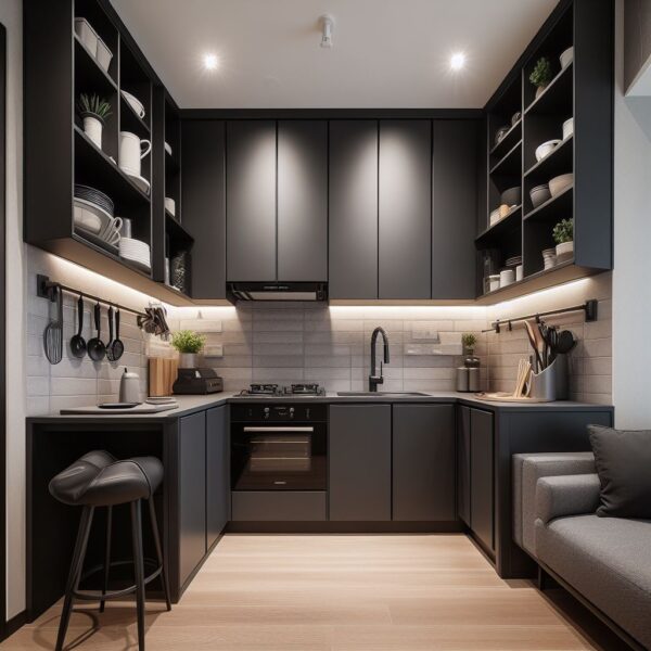 dapur dengan ukuran kecil yang dioptimalkan dengan penggunaan kitchen set aluminium hitam yang cerdas, menampilkan efisiensi ruang penyimpanan dan desain yang stylish.