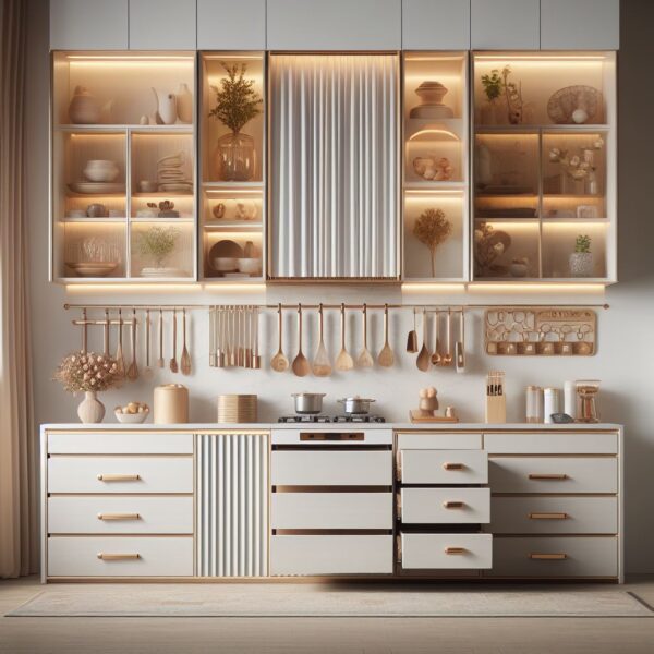 kitchen set dengan laci-laci yang terbuka, menampilkan desain yang elegan dan modern.