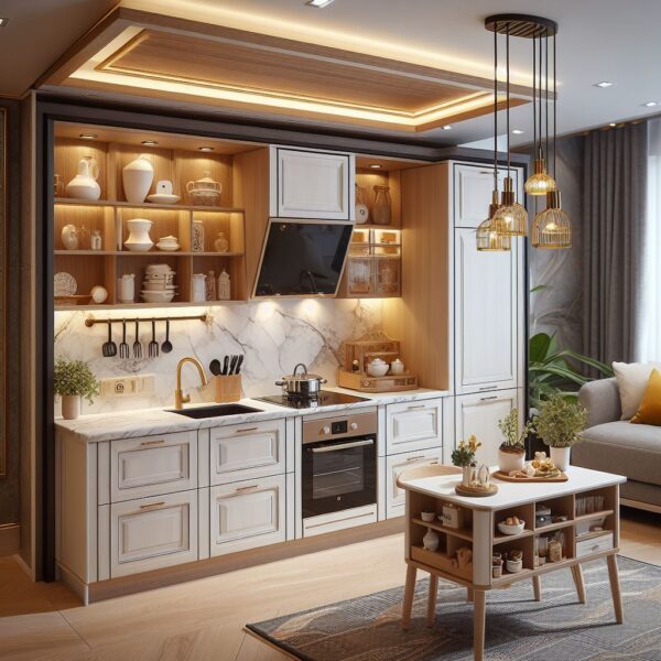kitchen set mini dalam desain klasik atau elegan. Tampilkan penggunaan material berkualitas tinggi dan detail desain yang menambah nilai estetika dan gaya yang tahan lama.