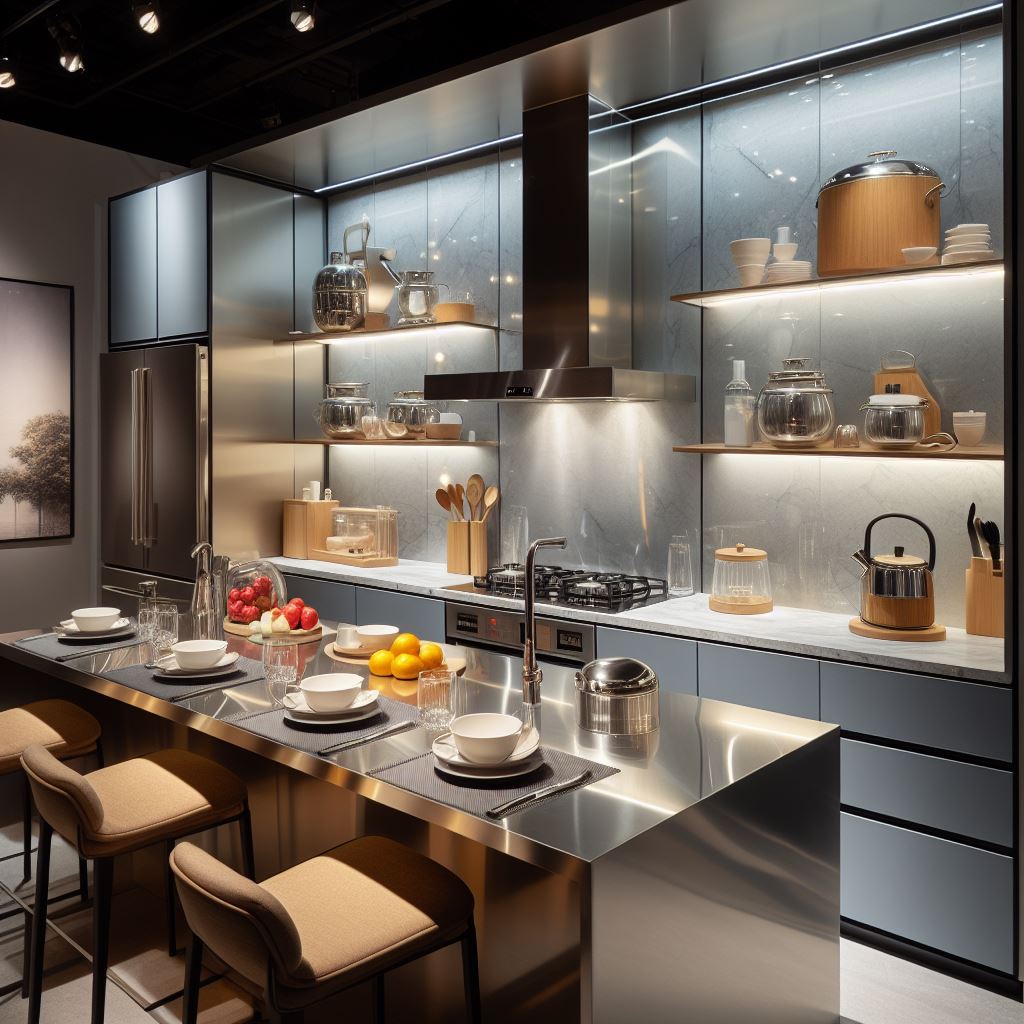 kitchen set stainless dengan backsplash kaca yang mencerminkan cahaya, memberikan sentuhan modern dan mempercantik tampilan dapur.