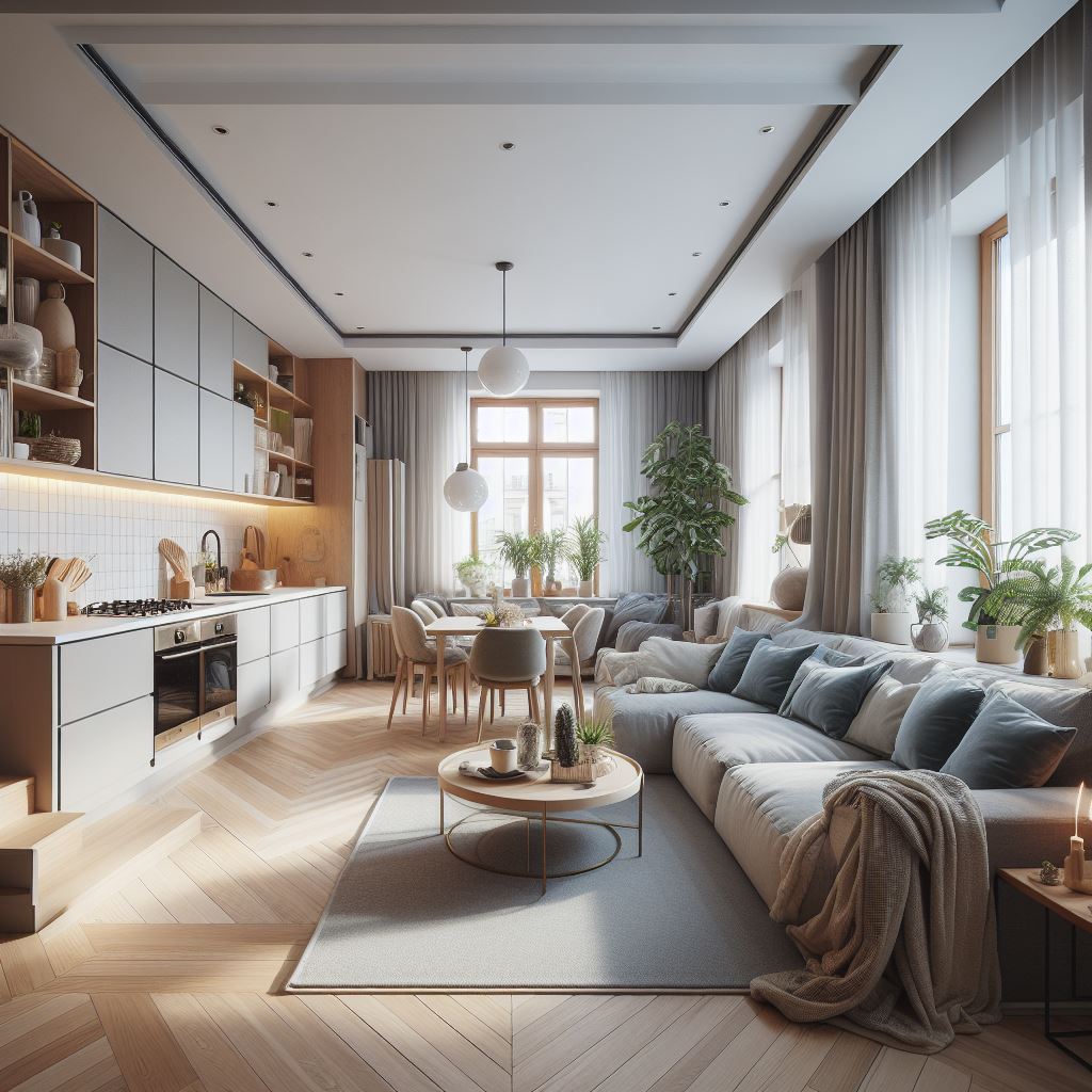 Foto ruangan terbuka yang menggabungkan dapur kecil dengan ruang tamu, menunjukkan bagaimana kitchen set yang dipilih dengan bijak dapat menciptakan tata letak yang efisien dan estetis.
