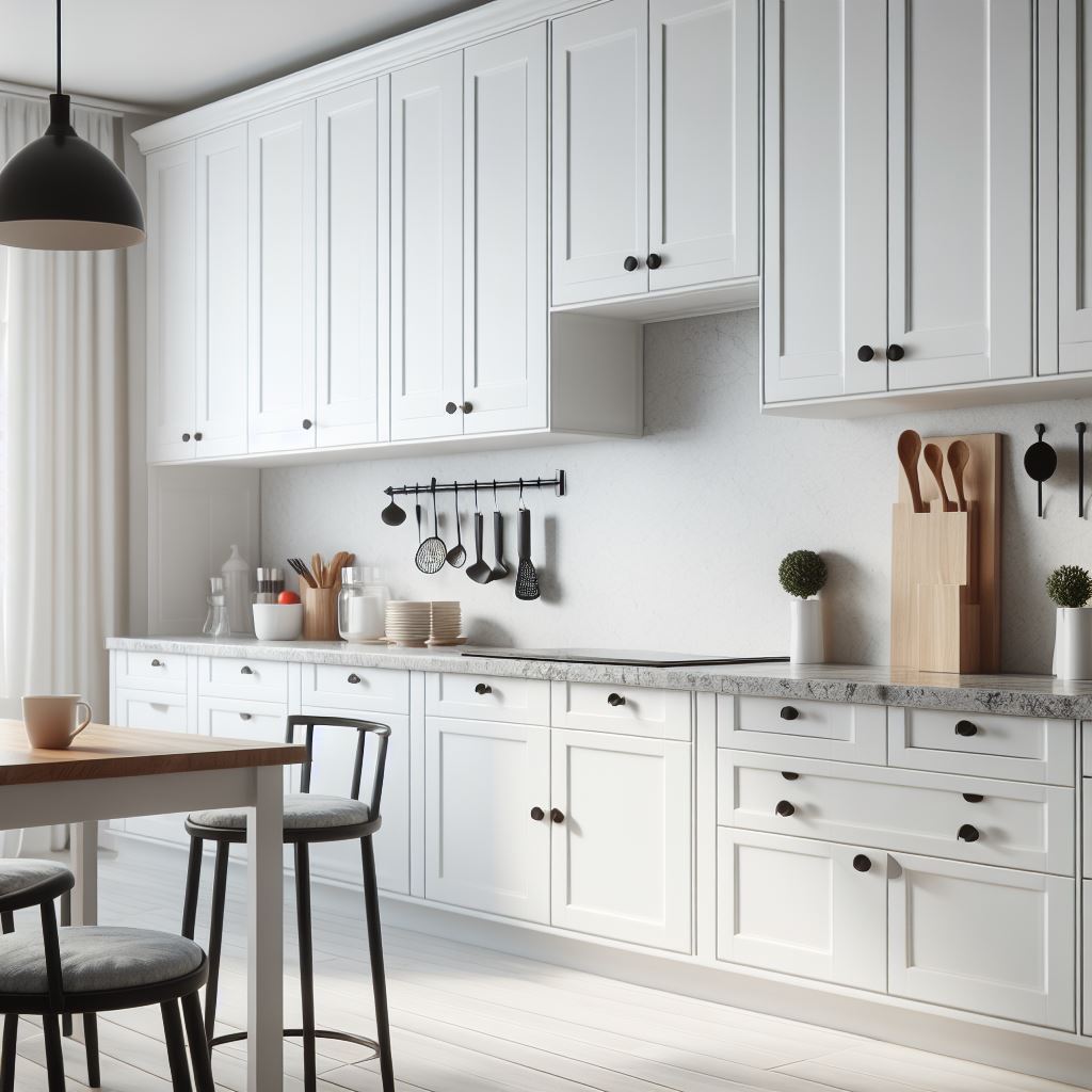 Gambar kitchen set dengan desain minimalis yang terdiri dari lemari dapur berwarna putih bersih dengan pegangan kabinet sederhana dan countertops granit hitam.